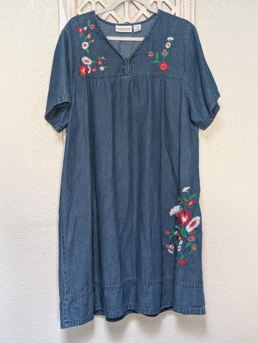 Vermont Country Store Dress Womens Plus Size 1X Denim 100% Cotton Embroidered